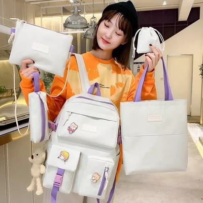 女の子のランドセルはキャンバスを5部分のバックパック セットの吊り鎖の鉛筆袋ODM置いた